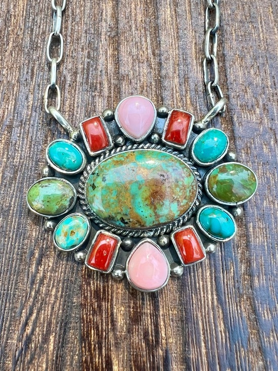 Hand Crafted Jewelry - 925 Sterling Silver Multi Stone Cluster Necklace Turquoise, Pink Conch, Coral